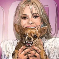 Doda z groźnym chihuahua w ramionach, na tle fioletowych liter.