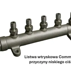 Metalowa listwa wtryskowa Common Rail z pięcioma wyjściami, kluczowa dla prawidłowego ciśnienia paliwa w silniku.