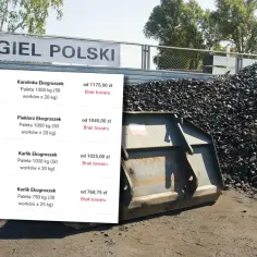 Stos worków z węglem i kupka węgla na zewnątrz.