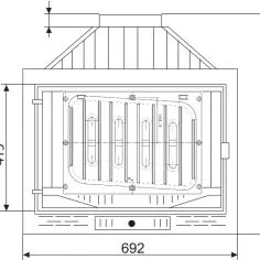 Rysunek techniczny przedstawia wymiary wkładów kominkowych: 692 mm szerokości, 680 mm wysokości i 415 mm głębokości.