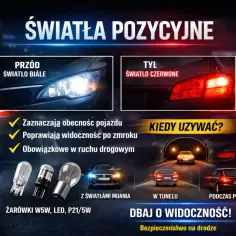 Światła pozycyjne a postojowe: białe z przodu, czerwone z tyłu. Zaznaczają pojazd, poprawiają widoczność po zmroku i w tunelu. Obowiązkowe w ruchu drogowym.