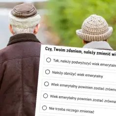 Dwie osoby w czapkach i płaszczach patrzą w dal, obok ankieta o wieku emerytalnym.