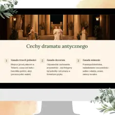 Na ekranie komputera widoczne są **cechy dramatu antycznego**: zasada trzech jedności, decorum i mimesis. Scena przedstawia antyczny teatr.