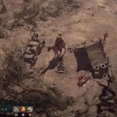 Pustynny krajobraz w zgodzie z tradycjami Diablo 4. Jeździec na różowym wierzchowcu przemierza spaloną ziemię, mijając wraki i szczątki.