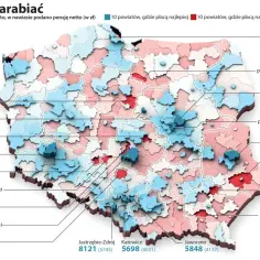 Mapa Polski z zaznaczonymi zarobkami brutto i netto. Najwyższa mediana zarobków w Polsce to Warszawa (6432 zł brutto).