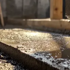 Świeży beton wylewany na budowie. Zastanawiasz się, ile worków betonu na metr sześcienny? Słońce odbija się od mokrej powierzchni.