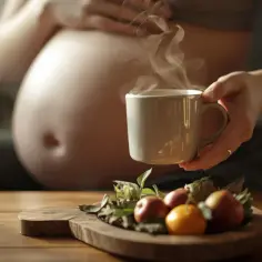 Ciepła herbata dla przyszłej mamy. Zastanawiasz się, jakie herbaty można pić w ciąży? Na talerzu owoce i zioła.