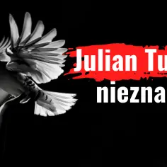 Kobieta z gołębiem na dłoni, obok napis "Julian Tuwim wiersze nieznany".