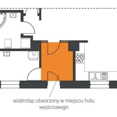 Plan mieszkania z zaznaczonym na pomarańczowo wiatrołapem przed wejściem do domu. Obok łazienka i kuchnia.
