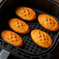Pięć oscypków w czarnym koszu frytkownicy beztłuszczowej.