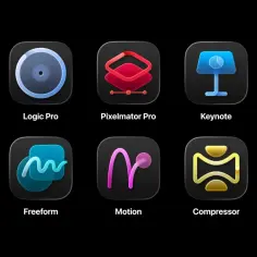 Ikony aplikacji: Final Cut Pro, Logic Pro, Pixelmator Pro, Keynote, Pages, Numbers, Freeform, Motion, Compressor, MainStage.
