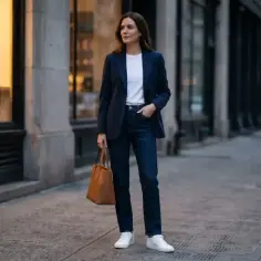 Kobieta w granatowej marynarce, białej koszulce i jeansach, z brązową torbą. Styl casual, miejski spacer.