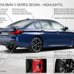 Granatowe BMW 530 z pakietem M Sport, prezentujące nowe światła LED, dyfuzor i felgi.