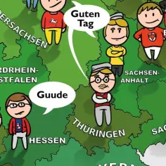 Postacie na mapie Niemiec witają się po niemiecku: "Tach", "Guten Tag", "Guude", "Gunn Tach", "Tagchen".