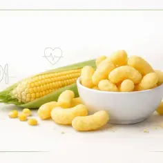 Chrupki kukurydziane w misce obok kolby kukurydzy i ziaren.