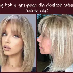 Dwie kobiety prezentują modną fryzurę: long bob z grzywką, idealną dla cienkich włosów.