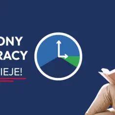 Kobieta czyta książkę, ciesząc się wolnym czasem. Napis "Skrócony czas pracy to się dzieje!" podkreśla tę zmianę.
