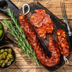 Chorizo co to? Pikantna kiełbasa, oliwki i kapary na desce. Idealna przekąska.