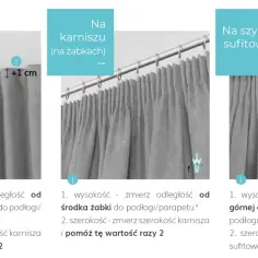 Szare zasłony wiszą na karniszu na agrafki. Pokazano, jak prawidłowo zmierzyć ich wysokość i szerokość.
