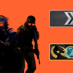 Dwóch graczy CS:GO z bronią, obok nich ikony rang.