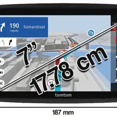 Nawigacja TomTom z ekranem 7 cali (17,78 cm) wyświetlająca trasę z informacjami o ruchu drogowym.