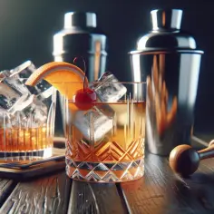 Elegancki, old fashioned drink z wiśnią i pomarańczą, obok shakery i muddler.