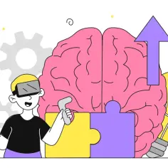 Chłopak w goglach VR składa mózg z puzzli, symbolizując rozwój i zrozumienie neuroatypowości. Strzałka w górę i żarówka oznaczają postęp i nowe pomysły.