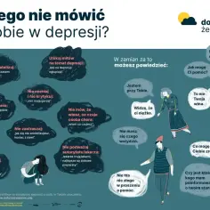 Grafika pokazuje, czego nie mówić osobie z zaawansowaną depresją. Zamiast tego oferuje wsparcie: "Jestem przy Tobie", "Widzę, że ci ciężko".