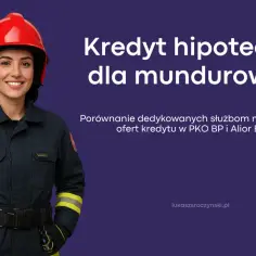 Uśmiechnięta strażaczka w hełmie. Kredyt hipoteczny dla mundurowych – porównanie ofert PKO BP i Alior Bank.