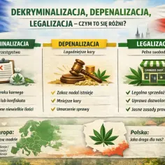 Grafika porównuje dekryminalizację, depenalizację i legalizację konopi, pokazując różnice w karach i swobodach. Depenalizacja to łagodniejsze kary.