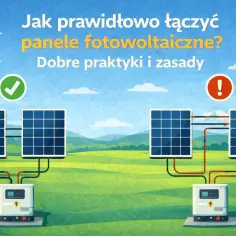 Ilustracja pokazuje prawidłowe i nieprawidłowe połączenie szeregowe paneli fotowoltaicznych. Po lewej zielony znaczek, po prawej czerwony wykrzyknik.