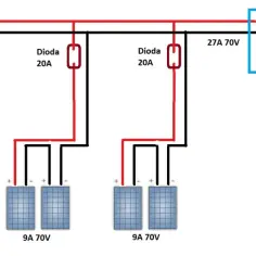 Schemat połączeń paneli słonecznych z falownikiem. Każdy panel ma diodę 20A.