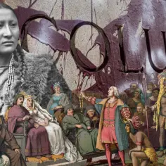 Kolumb i rdzenni mieszkańcy Ameryki na tle napisu "COLUMBUS".