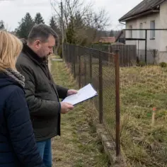 Para omawia plany dotyczące działki, analizując dokumenty. Może to być związane z zasiedzeniem lub planowaniem budowy.