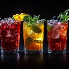 Pięć kolorowych, popularnych drinków z lodem, owocami i miętą, gotowych do orzeźwienia.