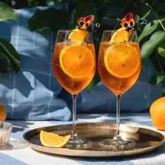 Dwa orzeźwiające drinki z aperolem, ozdobione plasterkami pomarańczy i kwiatami, gotowe do degustacji w letni dzień.