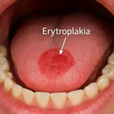 Czerwona plama na języku, oznaczona jako erytroplakia, może być wczesnym objawem raka języka.
