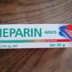 Opakowanie żelu Heparin-Hasco 35 g, z grafiką przedstawiającą nogę.