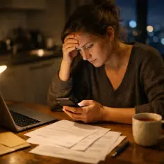 Zmartwiona kobieta przy biurku, przegląda dokumenty i telefon. Może to być związane ze zgłoszeniem darowizny do US.
