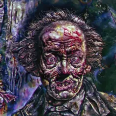 Przerażający portret Doriana Graya, zniszczony przez czas i grzechy, z krwawymi ranami i przerażającymi oczami.