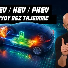 Wyjaśnienie, jak działa hybryda: schemat samochodu z widocznym silnikiem i baterią, obok mężczyzna tłumaczący.