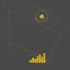 Mapa z zaznaczonym terenem i ikoną domu. Wykres słupkowy i liniowy sugeruje analizę cen działek budowlanych.