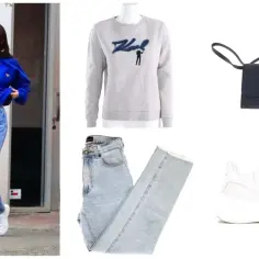 Kendall Jenner w stylizacji na it girl: niebieska bluza, jeansy, białe sneakersy i torebka. Obok szara bluza z nadrukiem, jeansy i sneakersy.