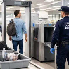 Przejście przez kontrolę bezpieczeństwa na lotnisku. Czy w bagażu podręcznym można mieć słodycze? Na taśmie leżą torby i butelka wody.