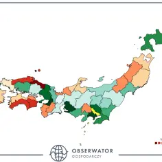 Mapa Japonii z podziałem na prefektury, kolorami oznaczono ich powierzchnię. Od najmniejszej (czerwony) do największej (zielony).