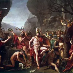 Leonidas, król Sparty, który zginął pod Termopilami, otoczony przez swoich wojowników i kobiety niosące wieńce.