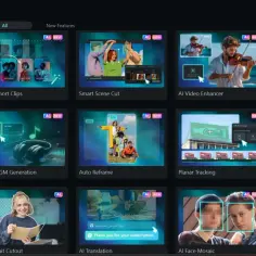 Wondershare Filmora Toolbox oferuje narzędzia AI: Smart Short Clips, Smart Scene Cut, AI Video Enhancer, AI Color Palette, Smart BGM Generation, Auto Reframe, Planar Tracking, Multi-Camera Editing, AI Portrait Cutout, AI Translation, AI Face Mosaic, AI...