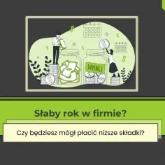 Ilustracja pokazuje parę oszczędzającą pieniądze w słoikach, sugerując, że nawet mały ZUS może być wyzwaniem przy słabym roku w firmie.