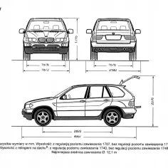 BMW X5 wymiary: rysunki techniczne pokazują szerokość, wysokość i długość pojazdu.