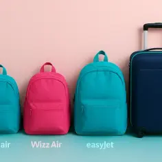 Trzy plecaki i walizka pokazują, co można zabrać do bagażu podręcznego u różnych przewoźników.